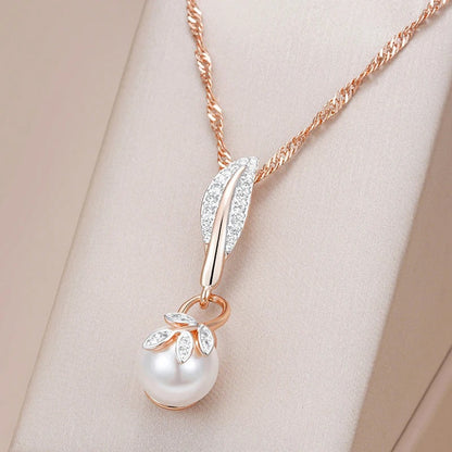 Necklace Rose Gold with Pearl Leaf Pendant and Crystals