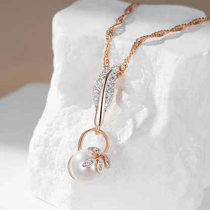 Necklace Rose Gold with Pearl Leaf Pendant and Crystals