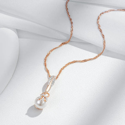 Necklace Rose Gold with Pearl Leaf Pendant and Crystals