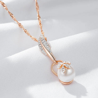 Necklace Rose Gold with Pearl Leaf Pendant and Crystals